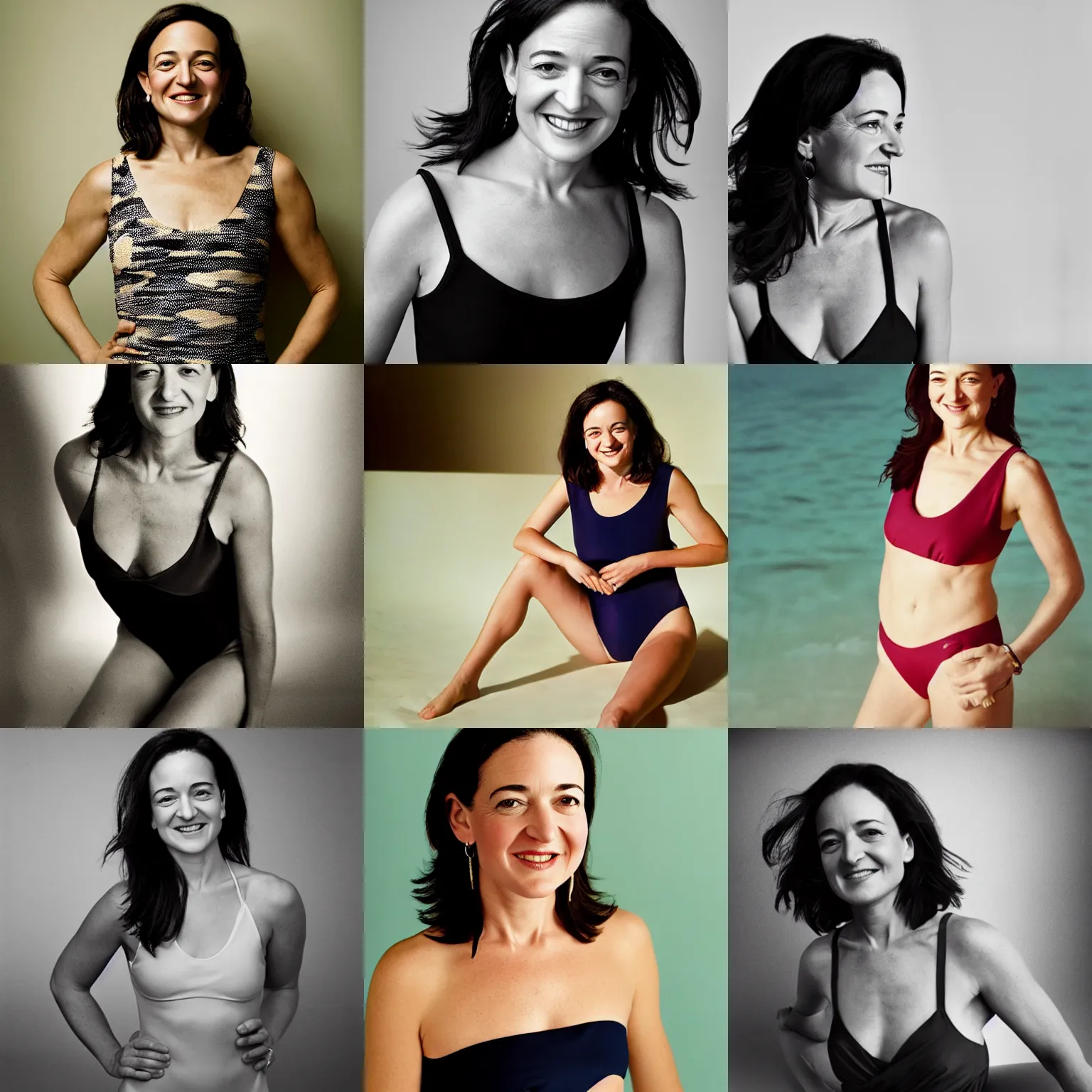 Prompt: Photo of Sheryl Sandberg in swimsuit, soft studio lighting, photo taken by Anne Liebovitz for Abercrombie and Fitch, award-winning photograph, 24mm f/1.4