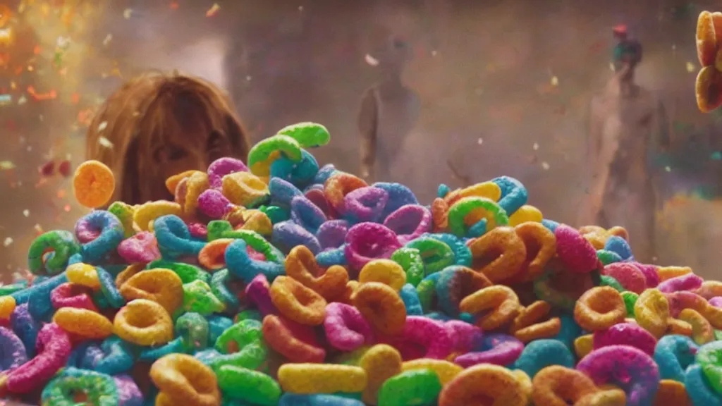 Image similar to film still of the Fruit Loops surreal action adventure movie. directed by James Gunn