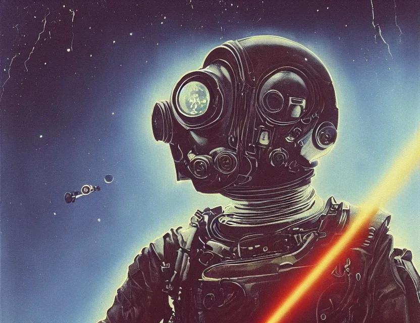 Prompt: a detailed portrait painting of a lone space pilot wearing a gasmask and laser eyes. Head and chest only. Movie scene, cinematic sci-fi scene. Flight suit, cloth and metal, accurate anatomy. portrait symmetrical and science fiction theme with lightning, aurora lighting. clouds and stars. Futurism by beksinski carl spitzweg moebius and tuomas korpi. baroque elements. baroque element. intricate artwork by caravaggio. Oil painting. Trending on artstation. 8k