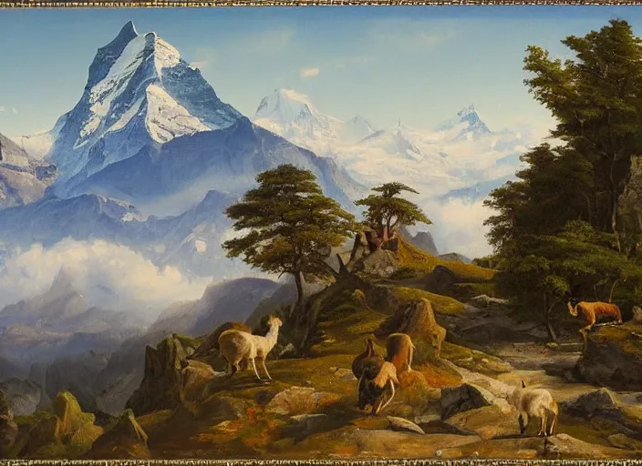 Prompt: alpine ibexes climbing in the alps with the matterhorn in the background in the style of hudson river school of art, oil on canvas