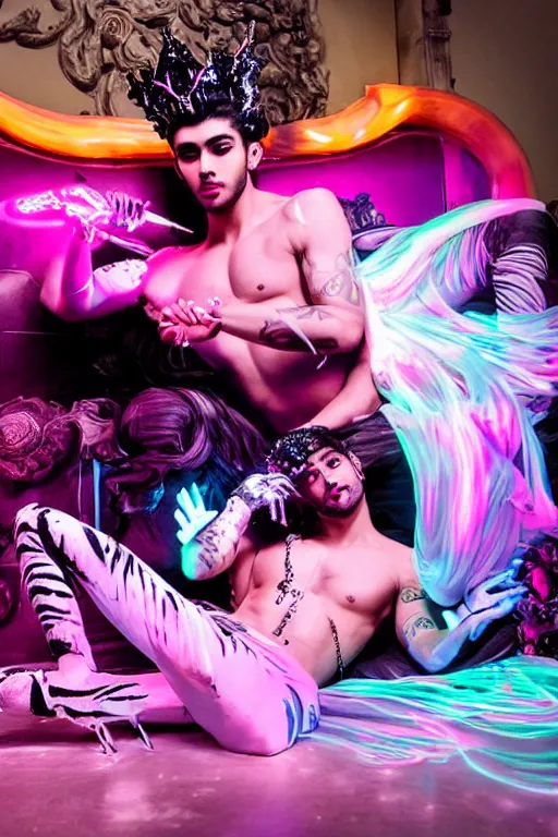 Prompt: full-body rococo and cyberpunk style neon statue of a muscular attractive Zayn Malik macho dotado e rico android sim roupa reclining con las piernas abertas e la piroca dura, ethereal white dripping tar, glowing orange lasers, pink tigers, glowing eyes, silver prince crown, black gears, pink diamonds, swirling mint-colored silk fabric. futuristic elements. full-length view. human skulls. large intricate artwork by caravaggio. Trending on artstation, octane render, cinematic lighting from the right, hyper realism, octane render, 8k, depth of field, 3D