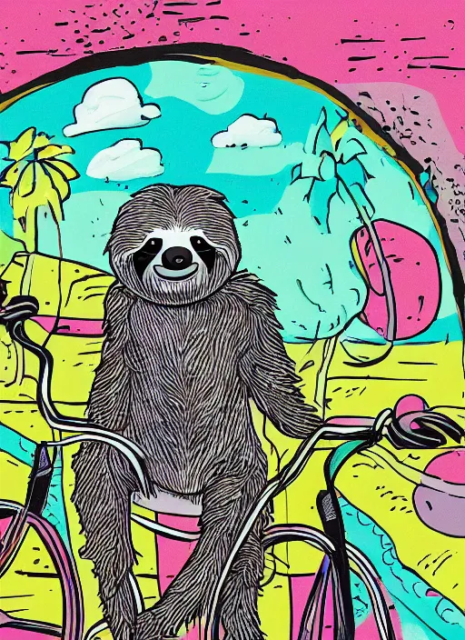 Image similar to drawing of a sloth urban outfitters style riding a bike going to the beach