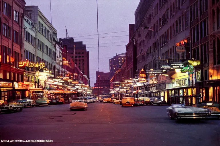 Prompt: color street view in america of market district at night, from 1 9 6 8, on film