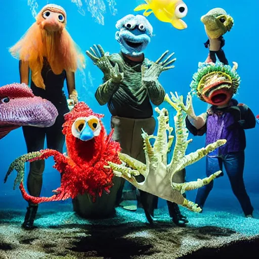 Image similar to a cast of aquatic puppets based on real fish and aiming to bring awareness to ocean pollution, in the style of muppets, in an aquarium, lighting from spongebob the musical on broadway, real, photograph, cinematic