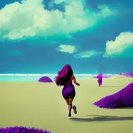 Image similar to portrait, giant purple dahlia flower head, woman running at the beach, surreal photography, sunrise, blue sky, dramatic light, impressionist painting, digital painting, artstation, simon stalenhag