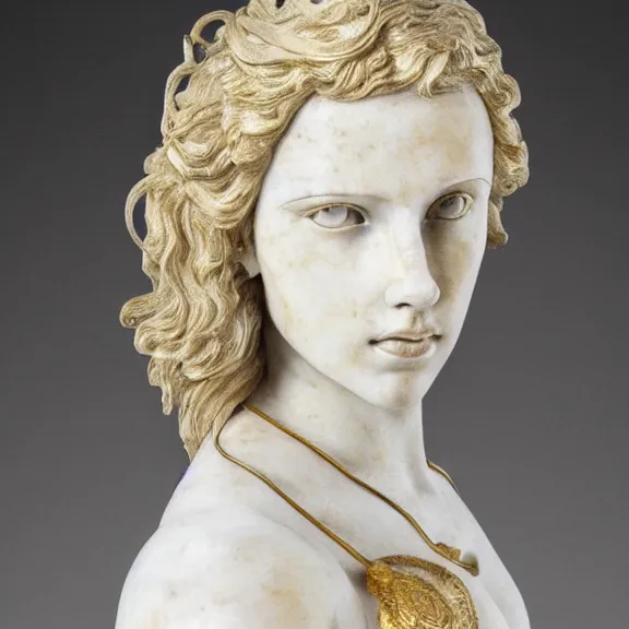 Image similar to a white art nouveau marble and gold head and torso sculpture of a worried young scarlett johansson as joan of arc with long, flowing hair, wearing intricate gold plate armor on her chest, delicate, intricate, smooth, beautiful, by charles van der stappen