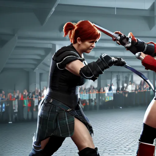 Prompt: Ultra HD Mortal Combat 9 screenshot of first Minister Nicola Sturgeon fighting for Scotland against conservative Mp Liz Truss in battle rendered in unreal engine, trending on art station, masterpiece