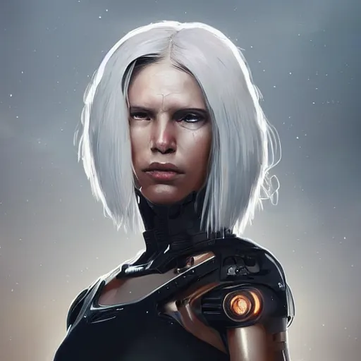 Prompt: portrait of a female cyborg by greg rutkowski, she is about 3 0 years old, white bob hair, she is wearing a black tank top, highly detailed portrait, digital painting, artstation, concept art, smooth, sharp foccus ilustration, artstation hq