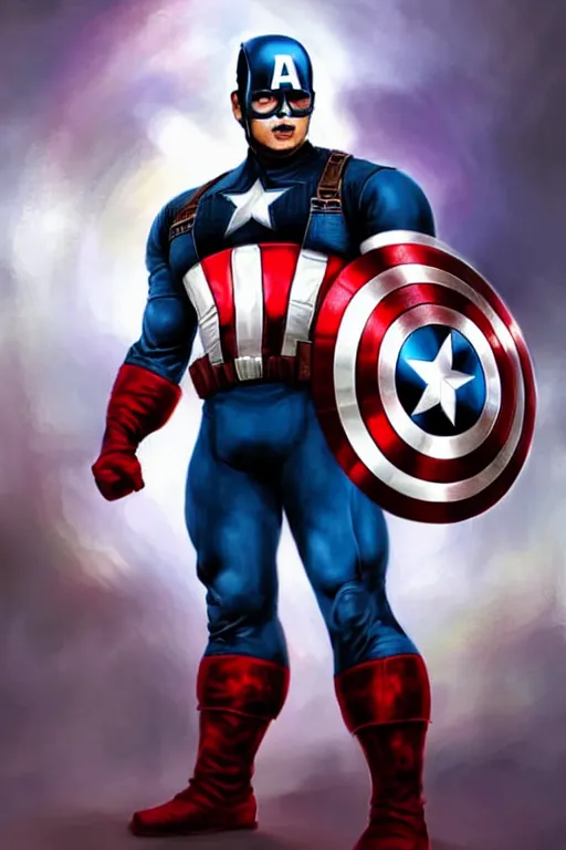 Image similar to Rahul Gandhi as Captain America , Captain America costume, Rahul Gandhi hairstyle, Captain America body type, Rahul Gandhi Face, calm, cute, portrait, baby figure, highly detailed, digital painting, artstation, concept art, smooth, sharp focus, illustration, cinematic lighting, art by artgerm and greg rutkowski and alphonse mucha