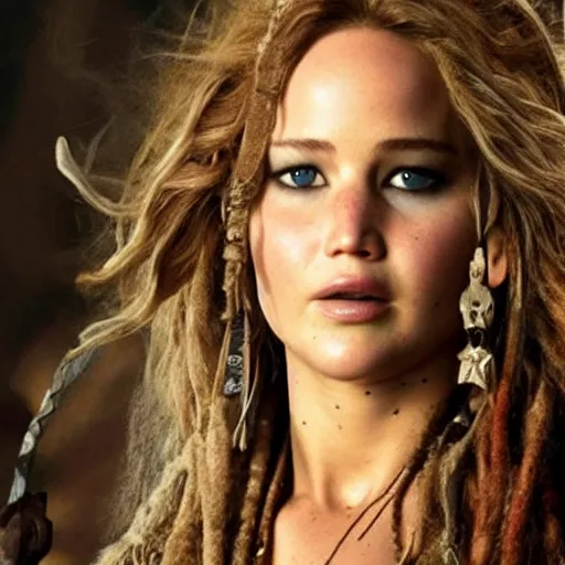 Prompt: still of Jennifer Lawrence as Captain Sparrow in Pirates of the Caribbean remake 2029