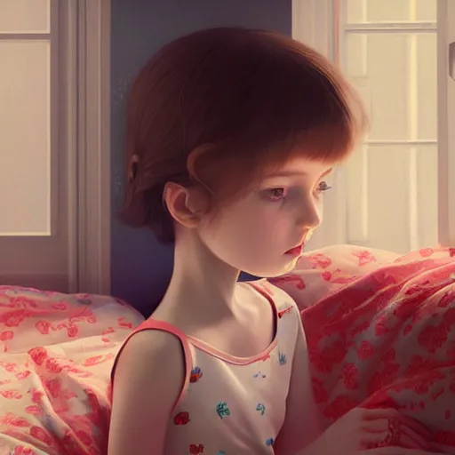 Image similar to little girl in pajama. digital artwork made by ilya kuvshinov, inspired by pixar movies and balthus, highly detailed, realistic,