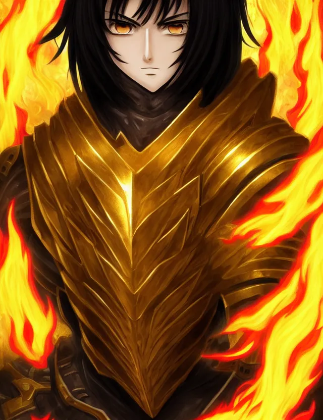 Image similar to a detailed manga portrait of a black haired man with hazel eyes in gleaming golden armour that burns with golden fire, trending on artstation, digital art, 4 k resolution, detailed, high quality, sharp focus, hq artwork, coherent, insane detail, character portrait