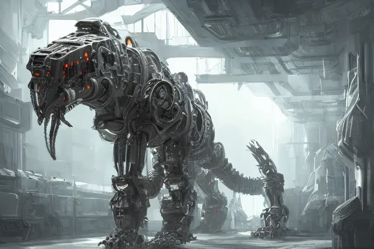 Image similar to robosaurus parallax datacenter server room interior single mono colossus white rusty robot sitting artstation cinematic detailed concept art volumetric light sharp coherent cgsociety symmetric perfect well balanced shadows lotr technogoddess simonetti