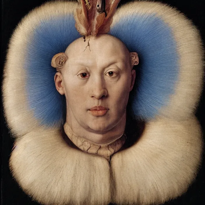 Image similar to close up portrait of a mutant monster creature with white fluffy moth pouf, exotic lily ears, delicate blue conch corns. by jan van eyck, audubon