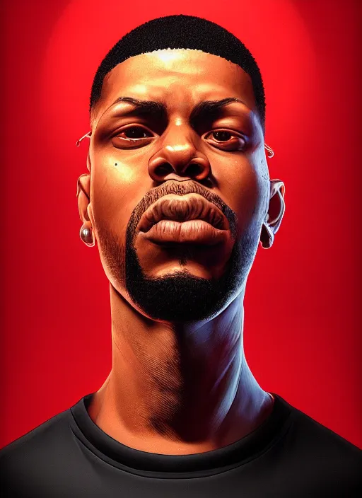 Image similar to a 3 d rendered portrait of an 9 0's era hiphop artist by artist hadi karimi, wlop, artgerm, greg rutkowski, serious expression, dramatic lowkey studio lighting, accurate skin textures, octane renderer, hyperrealism, zbrush, cgsociety, aesthetically pleasing and harmonious vinatge colors