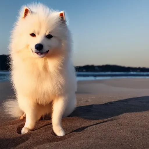 Image similar to a closeup photorealistic photograph of japanese spitz on the beach at sunset. this 4 k hd image is trending on artstation, featured on behance, well - rendered, extra crisp, features intricate detail and the style of unreal engine. golden hour