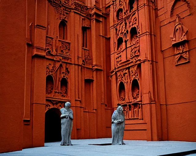Image similar to by francis bacon, vivian maier, mystical redscale photography evocative. an intricate fractal concrete carved sculpture of the secret faces of god, standing in a city center.