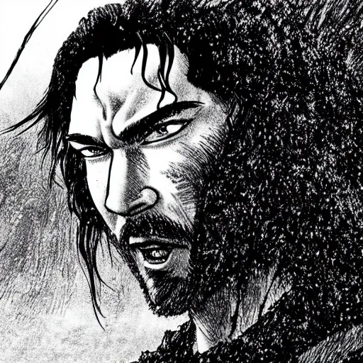 Image similar to still of Keanu Reeves in Berserk manga by Kentaro Miura