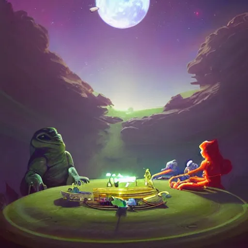 Image similar to Astronauts are having a picnic with green aliens and some dinosaurs on saturn's ring and saturn is as background, by Jordan Grimmer digital art, trending on Artstation,