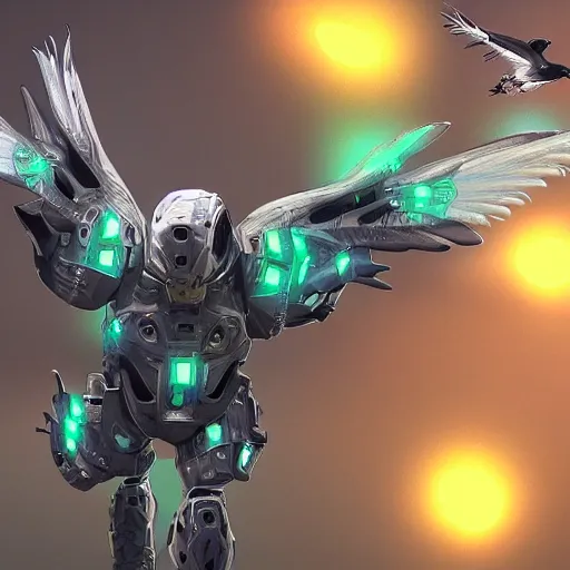 Prompt: birds in glowing cybernetic battle armor, photorealistic