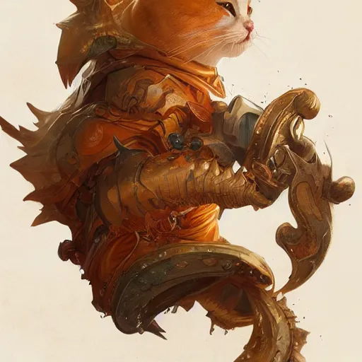 Prompt: fat orange cat, D&D, fantasy, intricate, elegant, highly detailed, digital painting, artstation, octane render, concept art, matte, sharp focus, illustration, hearthstone, art by Artgerm and Greg Rutkowski and Alphonse Mucha