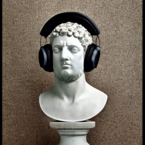Image similar to a roman bust wearing headphones listening to music, in the stule of vaporwave