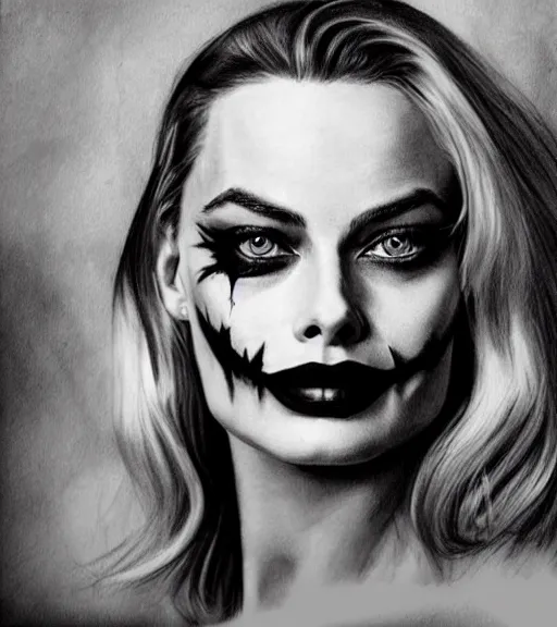 Image similar to tattoo design sketch of beautiful margot robbie portrait with joker makeup, in the style of den yakovlev, realistic face, faded, black and white, realism tattoo, hyper realistic, highly detailed, faded drawing