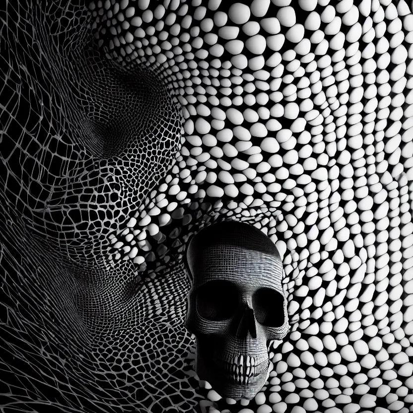 Image similar to black and white light 3D geometry, skull, matte bright highly detailed, poetic, 3D render, digital art, octane render, 8K artistic photography, photo-realistic, by Dora Maar