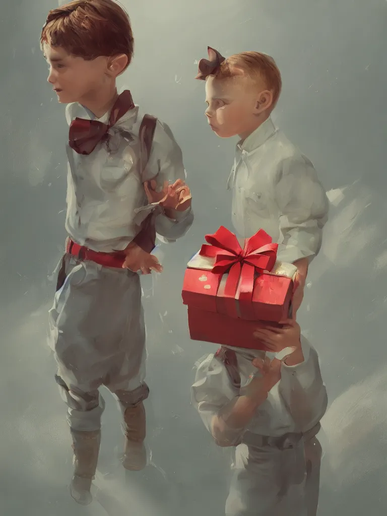 Image similar to a cute boy with a giftbox with bow and ribbon in a painting from stalenhag, 4 k, 8 k, hdr, artstation, concept art