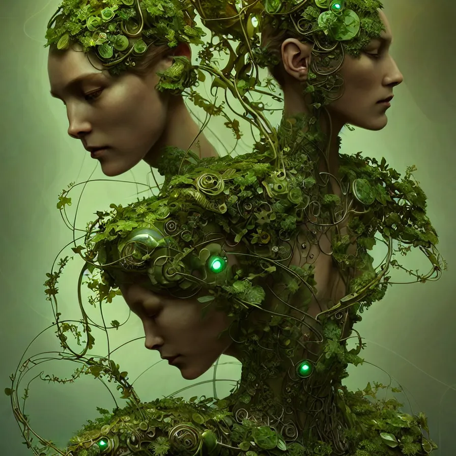 Image similar to organic cyborg, green vines sculpture with small flowers, diffuse lighting, fantasy, intricate, elegant, highly detailed, lifelike, photorealistic, digital painting, artstation, illustration, concept art, smooth, sharp focus, art by john collier and albert aublet and krenz cushart and artem demura and alphonse mucha