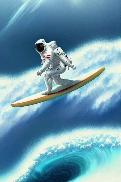 Image similar to a beautiful digital painting of an astronaut in a white space suit surfing the great wave on a surfboard by greg rutkowski, photorealistic, trending on artstation, highly detailed, intricate, unreal engine, octane render