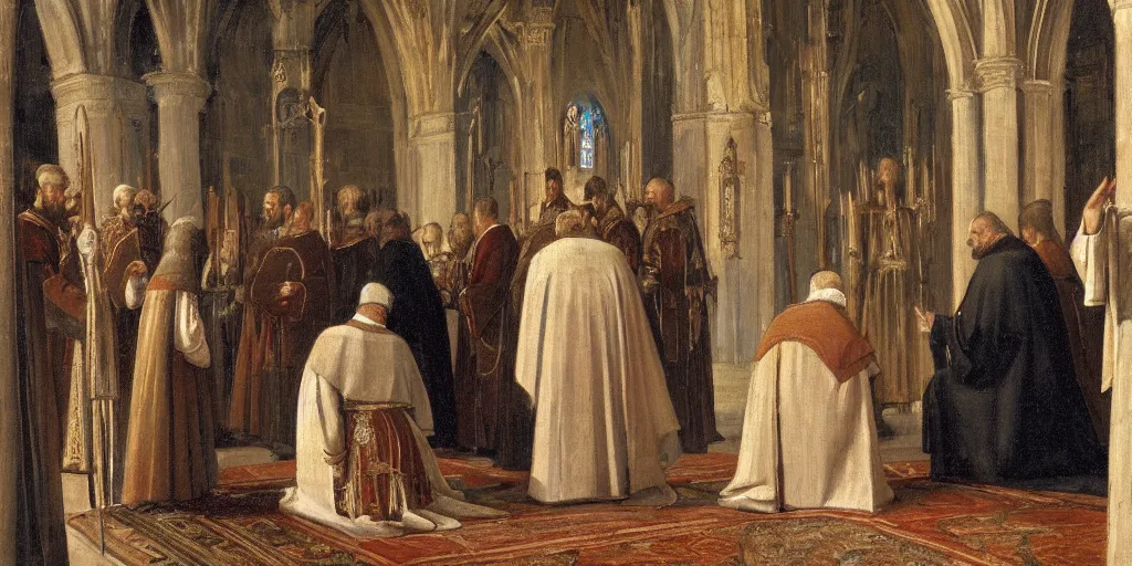 Prompt: photo of a medieval king kneeling before the pope, in a church. medium shot. but as a painting by sorolla