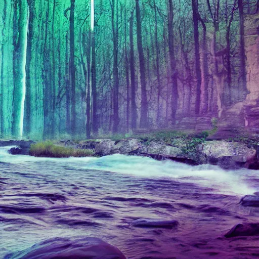 Image similar to a beautiful landscape, river, rocks, trees, glitch, glitchy, vhs, corrupted