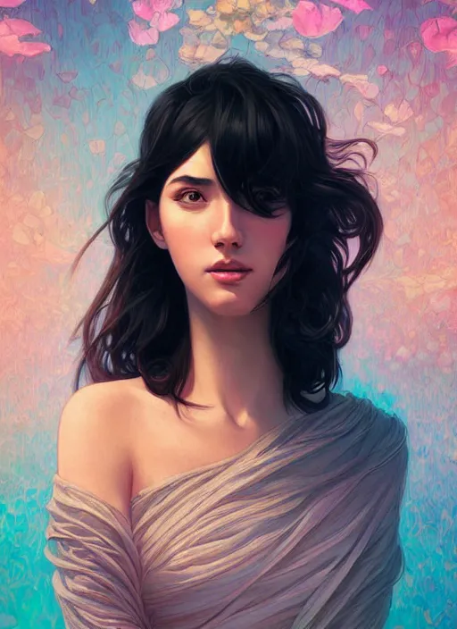 Image similar to handsome young women with shoulder length black hair, half body shot, path traced, highly detailed, high quality, digital painting, alena aenami, lilia alvarado, shinji aramaki, karol bak, alphonse mucha, tom bagshaw