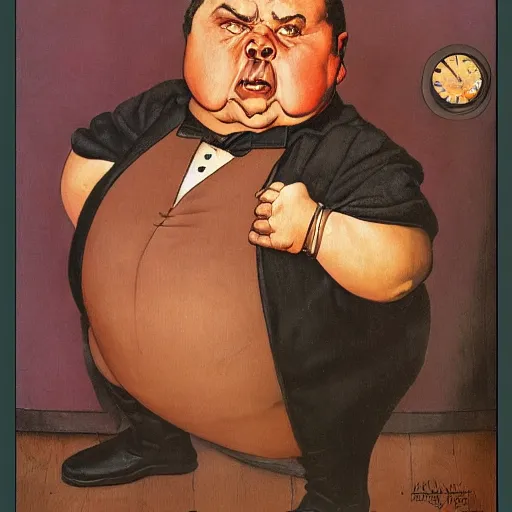 Prompt: A full body portrait of a magian that is a chubby little man with an evil look, high detail, fantasy art, greg rutkwoski, norman rockwell