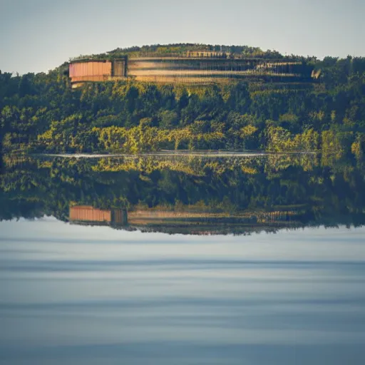 Prompt: sci fi nuclear containment building in an expansive river valley with tree and a city in the distance, a sense of hope and optimism, birds overhead, stark light, day time, unsplash, national geographic, hd, high res