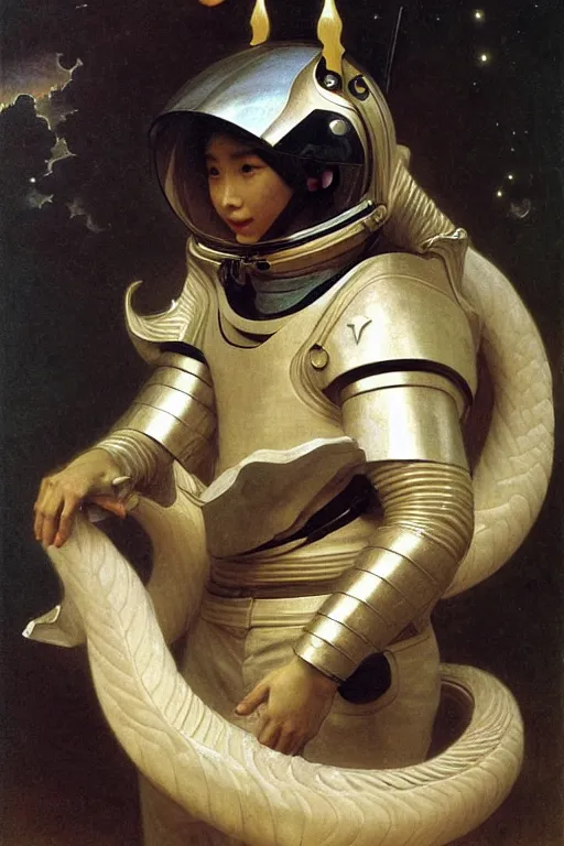 Prompt: a astronaut his haed is chinese dragon head, in armor and helmet, by bouguereau