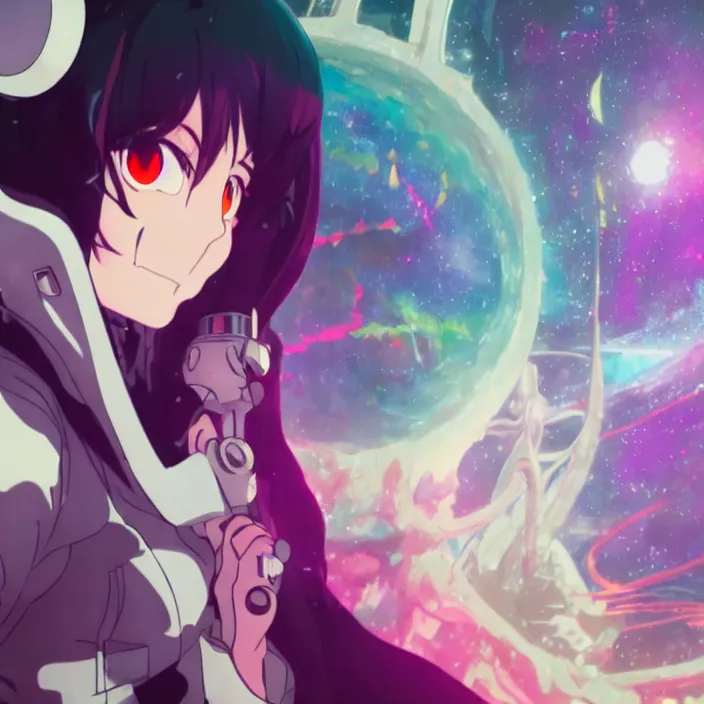 Image similar to close up of Albedo from overlord, close up of mamimi samejima from flcl, psychedelic background, epcot, inside a space station, eye of providence, female anime character, Ruan Jia, giygas