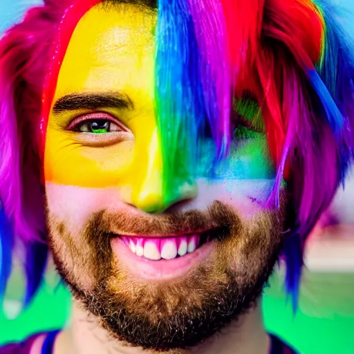 Prompt: a portrait of a happy queer man at pride with rainbow hair and painted nails, rendered in octane, shallow depth of field