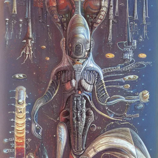 Prompt: Liminal space in outer space by H. R. Giger colorized