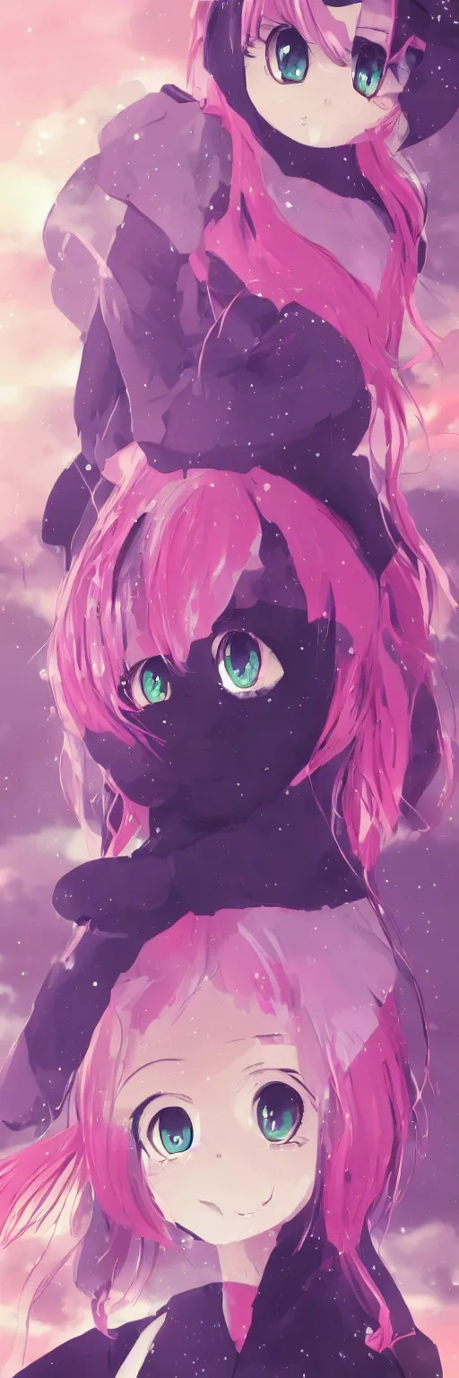 Image similar to A beautiful anime cat girl with pink hair, rule of thirds, digital art, iphone wallpaper, cgsociety, trending on artstation, sunset backgroung with shooting stars in the sky