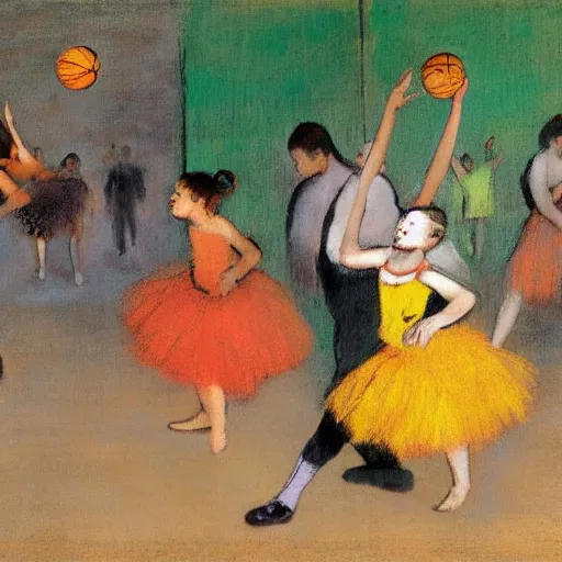 Prompt: mangoes playing basketball in the style of degas