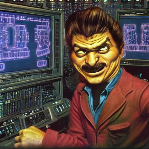 Prompt: incredible lifelike devs rebooting the mainframe ( hyperreal detailed facial features and uv lighting, art by ed roth, frank frazetta and basil wolverton )