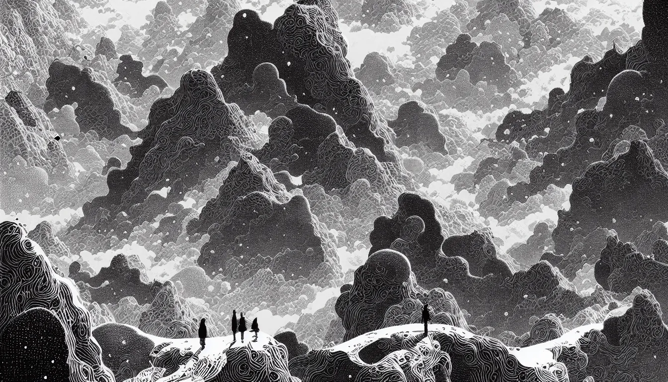 Image similar to standing at the edge of a mountain by nicolas delort, moebius, victo ngai, josan gonzalez, kilian eng