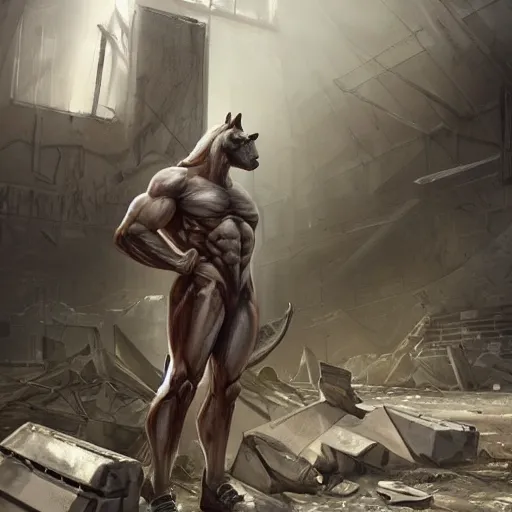 Image similar to a hyper - muscular anthro horse wearing a tactical bodysuit standing in the ruins of a facility, equine, magnificently muscular physique, dynamic pose, highly detailed, digital painting, artstation, concept art, illustration by artgerm, greg rutkowski