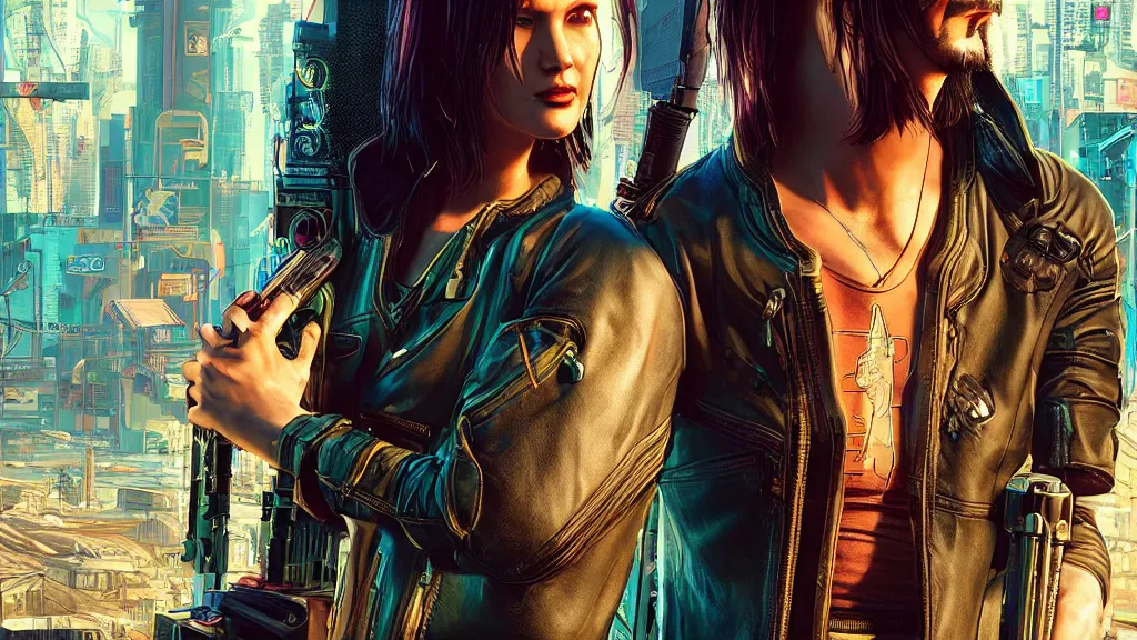 a cyberpunk 2077 srcreenshot couple portrait of Keanu | Stable ...