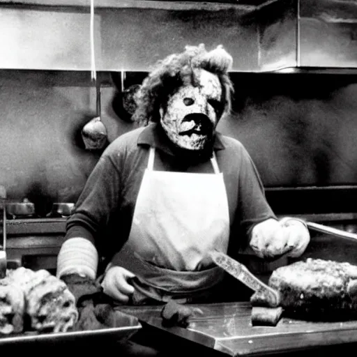 Image similar to leatherface making burger patties in a burger joint kitchen