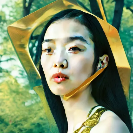 Image similar to innovative avant - garde art, deco fashion, asian women, highly detailed, photorealistic portrait by michael chavel, serene forest setting, golden hour, crisp quality and light reflections, octane render