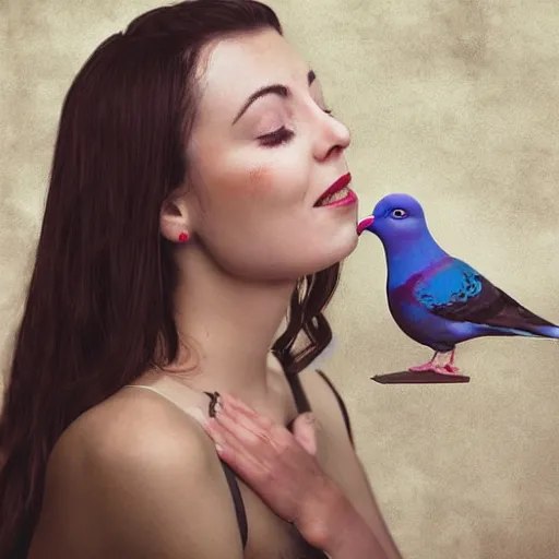 Image similar to portrait of woman who kissing a pigeon, realistic photography