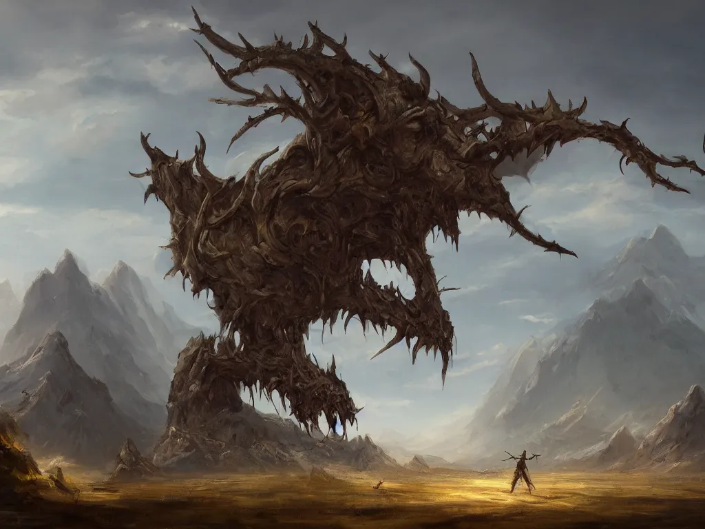 Prompt: a vast landscape painting of a giant skull with horns laying between the mountains, impaled on a sword, trending on artstation, high quality concept art, fantasy